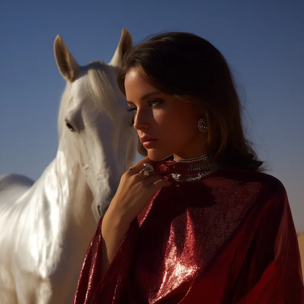 A woman in a shimmering red dress stands beside a white horse under a clear blue sky.  She wears silver jewelry, including earrings and a choker.  Her hand rests delicately on her chest. The scene evokes a sense of elegance and serenity in a desert landscape. The contrast between the woman's vibrant attire and the horse's pure white coat is striking.