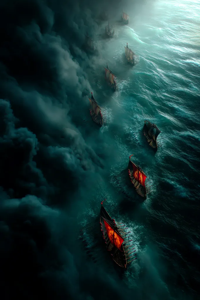 A fleet of longboats navigates a tempestuous sea, a dark, ominous storm cloud looming over them to the left.  The boats, with their red sails glowing faintly, cut through the waves in a single file line, creating a dramatic and atmospheric scene. The overall tone is one of adventure and impending danger.
