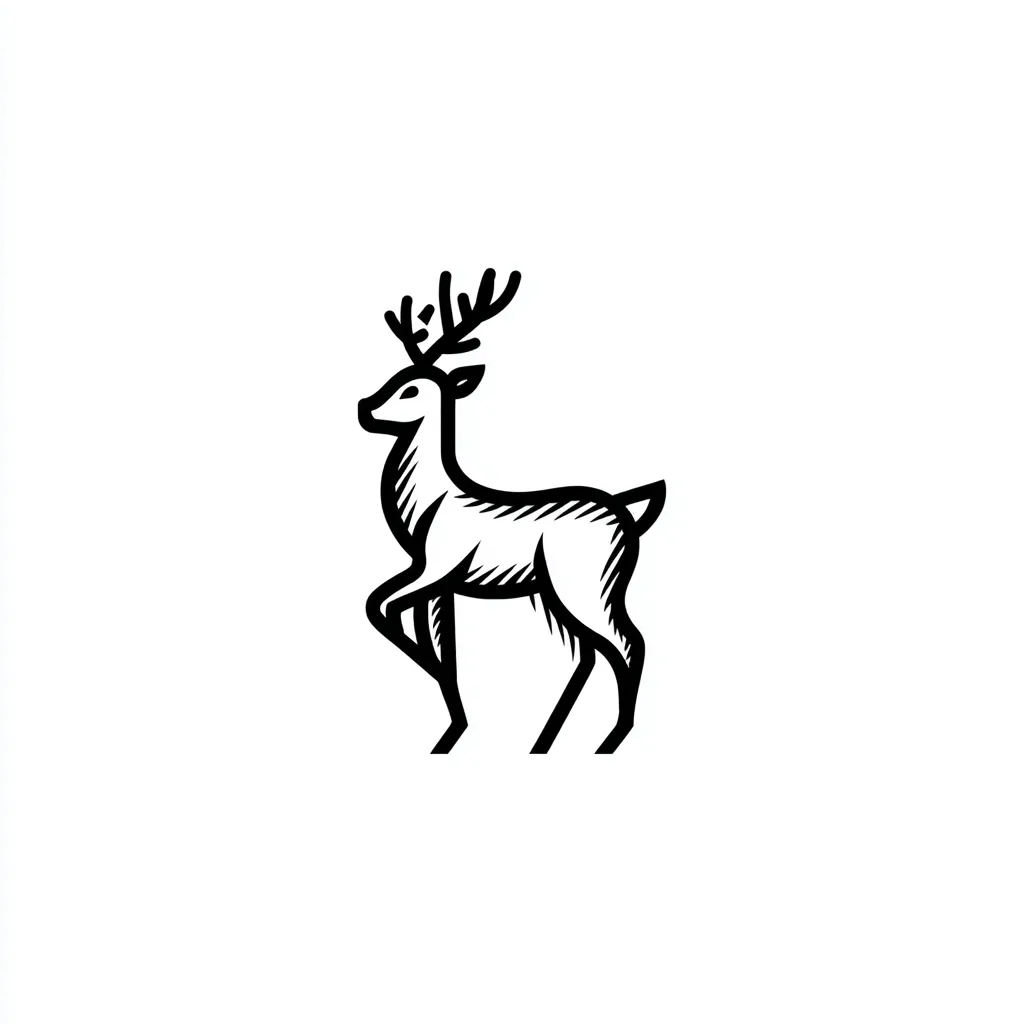 A minimalist line art illustration of a deer.  The deer is depicted in profile view, standing, with antlers and detailed fur texture suggested by the line work. The style is simple yet elegant, suitable for a logo or emblem.  The image is black and white, with a clean background.