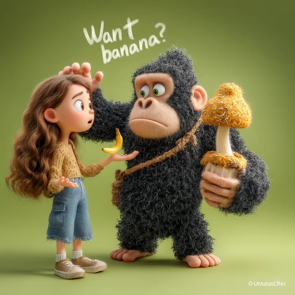 A 3D-rendered image depicts a cute girl offering a banana to a furry gorilla.  The gorilla, carrying a large mushroom, appears hesitant.  Above them, the words "Want banana?" are playfully written. The scene is set against a muted green backdrop, creating a whimsical and charming illustration.  The style is cartoonish and friendly.