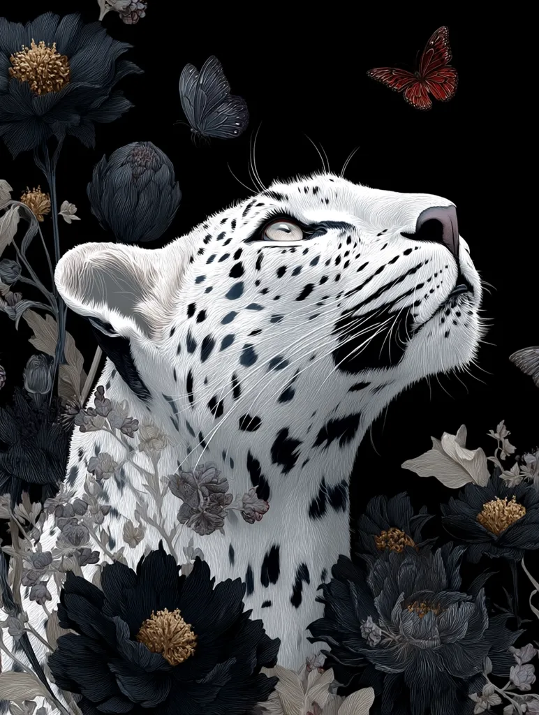 A snow leopard's head and shoulders are depicted against a black background, surrounded by dark, stylized flowers and two butterflies. The leopard's fur is meticulously detailed, showcasing its white coat with black spots.  The flowers, primarily dark peonies and other blossoms, contrast sharply with the leopard’s light fur, creating a striking visual effect. The overall mood is dark, elegant, and slightly mysterious.