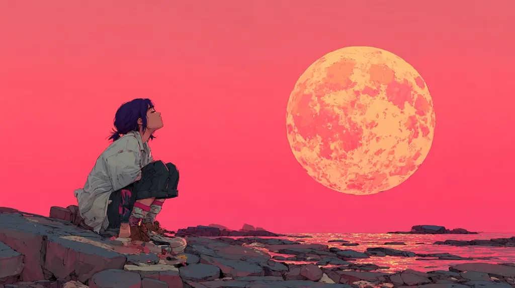 A stylized illustration depicts a young woman with purple hair, crouching on rocky shoreline, gazing upward at a large, pale orange moon in a vibrant pink sky. The scene evokes a serene, melancholic mood, with the contrasting colors and the figure's posture suggesting contemplation or longing. The style is reminiscent of digital art or anime, with bold outlines and flat shading. The ocean is calm, reflecting the pinkish light.