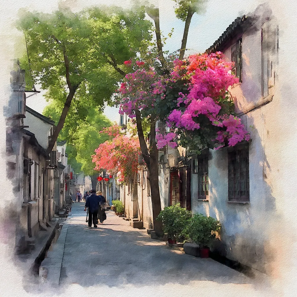 A watercolor-style painting depicts a tranquil street scene in a Chinese town.  Lush, vibrant bougainvillea blossoms cascade over the walls of traditional whitewashed buildings.  Two figures stroll down the sun-dappled lane, creating a peaceful and idyllic atmosphere.  The trees provide shade, enhancing the serene ambiance of the picturesque alleyway.