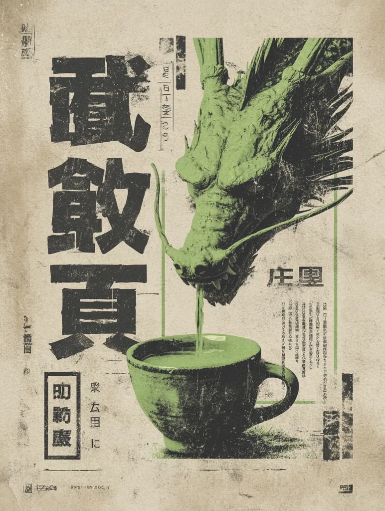 A stylized poster features a dragon's head pouring a green liquid, possibly matcha, into a rustic cup.  Large Japanese characters dominate the design, creating a vintage, grunge aesthetic. The overall feel is artistic and evokes a sense of traditional Japanese culture and possibly a tea ceremony.  The muted color palette enhances the aged look, adding to its retro charm.