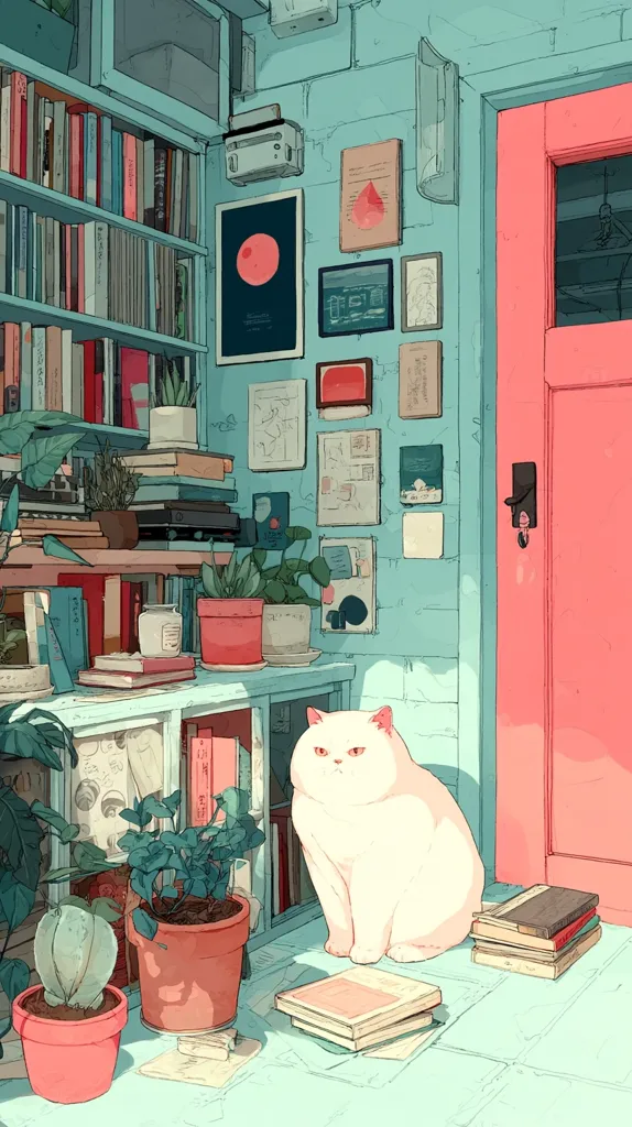 A charming illustration depicts a serene corner filled with bookshelves, potted plants, and artwork adorning teal walls. A fluffy white cat sits calmly near a stack of books by a coral-colored door. The scene exudes a cozy and artistic ambiance, suggesting a space of tranquility and intellectual pursuits.  Sunlight streams in, highlighting the details of this meticulously crafted illustration.