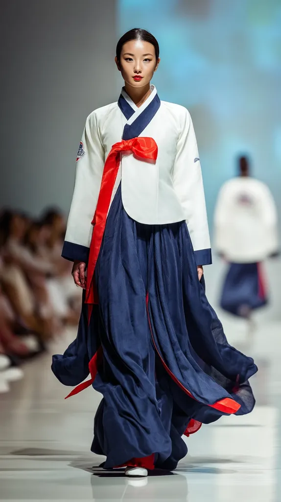 A model gracefully strides down a runway, showcasing a modern interpretation of traditional Korean Hanbok.  The ensemble features a crisp white jacket with navy blue accents and a flowing navy skirt.  A vibrant red obi adds a striking contrast. The overall design blends classic elegance with contemporary flair. The model's confident posture enhances the sophisticated aesthetic of the outfit.