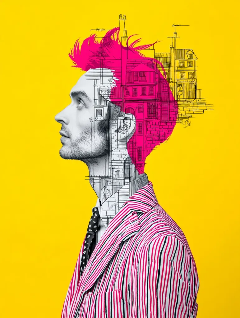 A profile portrait of a man with vibrant pink hair is superimposed with a sketch of buildings.  The architectural drawing appears within the man's head and shoulders, creating a striking visual blend of person and cityscape. He is dressed in a striped pink and white jacket and a patterned tie, set against a bright yellow background. The artwork's style is bold and graphic.