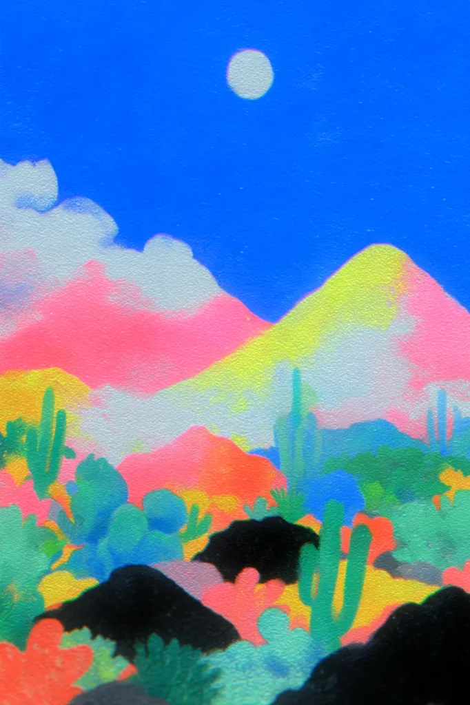 A vibrant, stylized desert landscape under a bright blue sky and a full moon.  Pink, yellow, and orange mountains rise in the background, dotted with cacti and other desert flora in bold, contrasting colors. The style is reminiscent of digital art or a painting with a textured, almost grainy quality.  The overall mood is surreal and dreamlike.