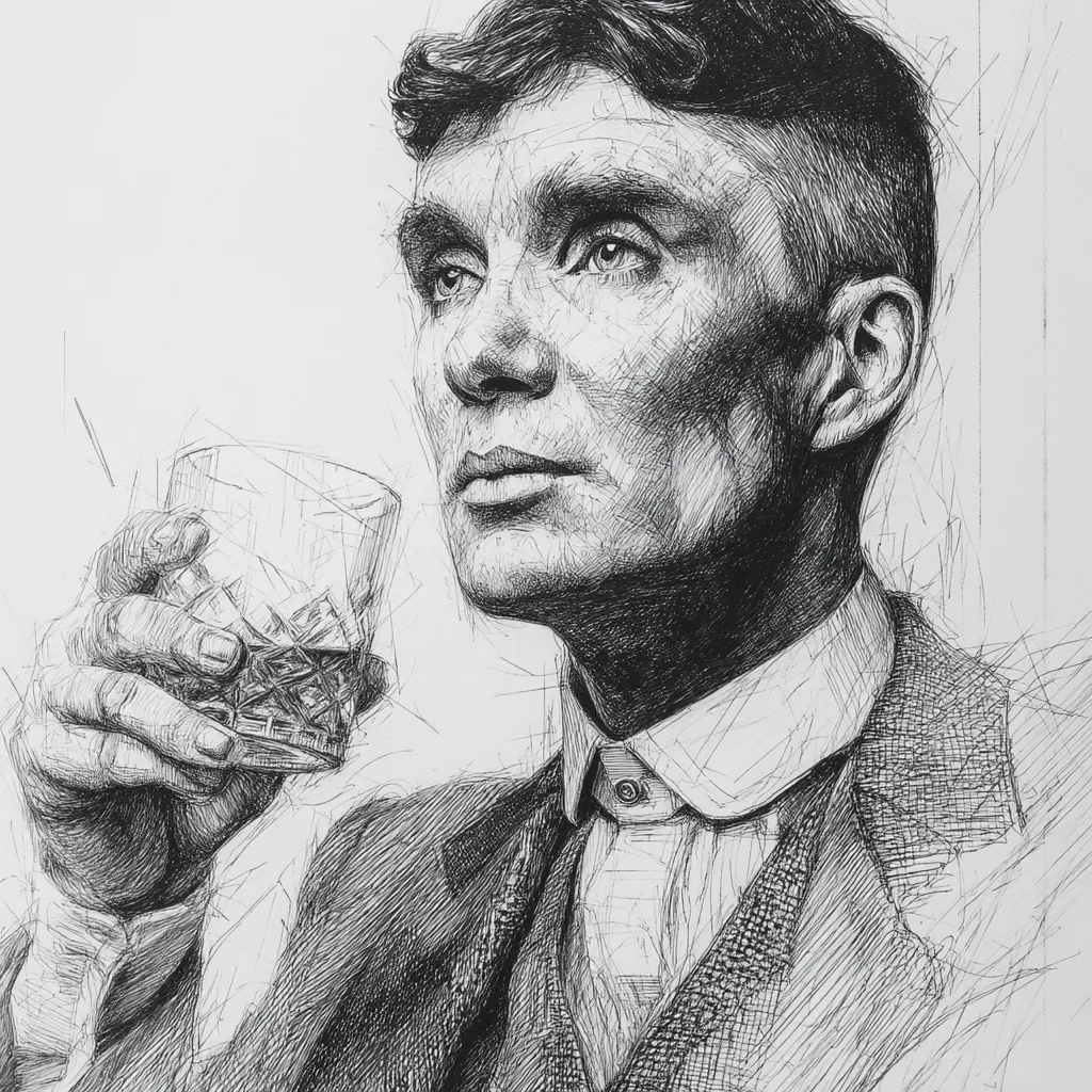 A detailed pen-and-ink drawing depicts a man, possibly inspired by Tommy Shelby from Peaky Blinders, in a contemplative pose. He holds a glass of whiskey, his gaze directed upward. The intricate hatching style creates a textured, almost three-dimensional effect, highlighting the man's sharp features and the folds of his suit. The overall mood is one of quiet intensity and reflection.