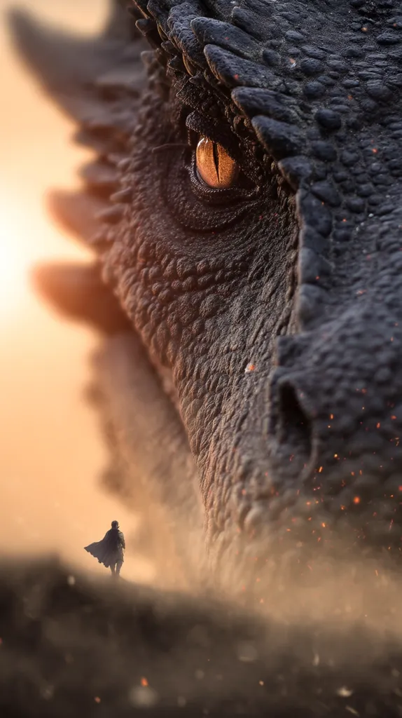 A lone figure, cloaked and small, stands before an immense, dark dragon. The dragon's eye, glowing amber, dominates the frame, its textured scales and fiery breath hinting at immense power.  A hazy, golden light suggests a dramatic, possibly apocalyptic, setting. The contrast in scale emphasizes the dragon's overwhelming presence and the figure's vulnerability.