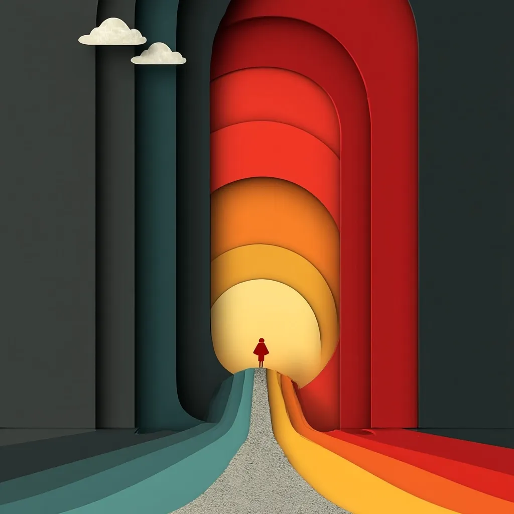 A stylized illustration depicts a small, red figure standing atop a gently sloping path.  The path is formed by layered, curving strips of paper in vibrant teal, yellow, orange, and red hues, creating a tunnel-like effect leading to a bright, circular opening.  Two small clouds float above the scene, adding to the minimalist aesthetic. The overall style is reminiscent of papercraft or layered artwork.