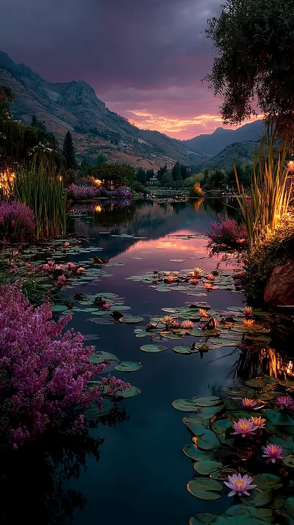 A serene twilight scene unfolds, showcasing a calm lake reflecting a vibrant sunset.  Purple wildflowers and water lilies dot the tranquil waters, nestled amongst lush greenery.  Mountains rise majestically in the background under a dramatic sky, creating a picturesque and peaceful landscape.  Soft lighting enhances the beauty of the flora and the reflective surface of the water.