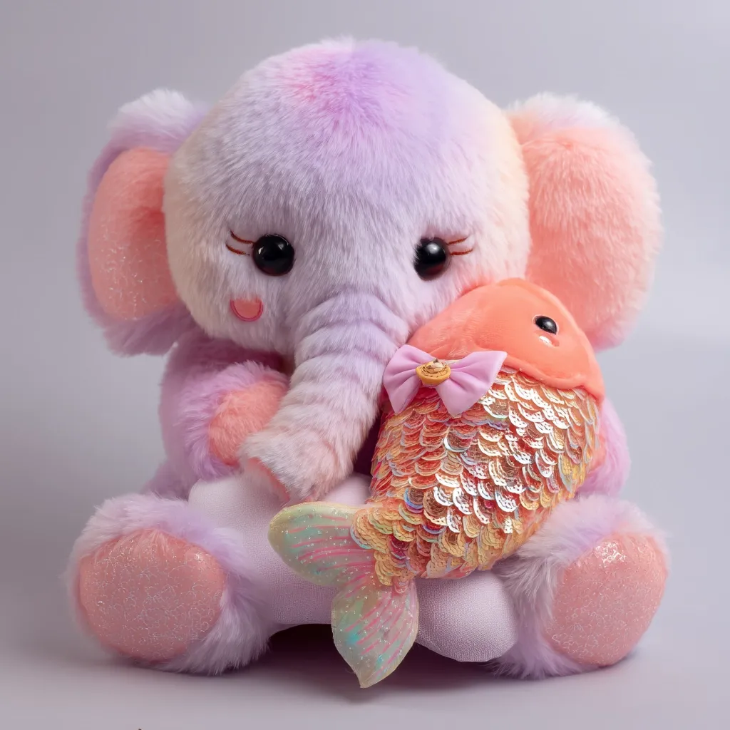 A pastel purple and pink plush elephant sits holding a sequined fish. The elephant has large, expressive eyes and soft fur. The fish is orange and peach with iridescent scales and a delicate bow.  Both are charming and cuddly, ideal as a child's toy or collectible item. The image is set against a neutral gray background.
