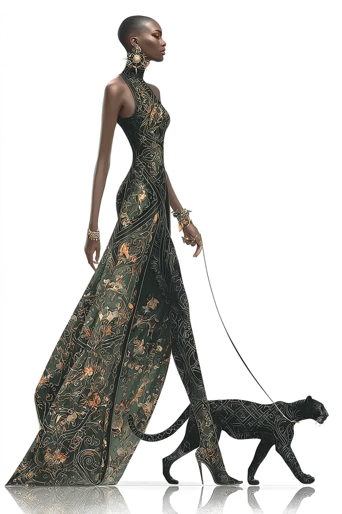 A stylish illustration depicts a bald, dark-skinned woman in a flowing, dark green gown adorned with gold floral patterns.  She's elegantly walking, her high heels barely touching the ground, while leading a black panther on a leash. The woman's jewelry complements her dress, creating a sophisticated and powerful image. The overall style is reminiscent of fashion illustration, with a focus on line and form.