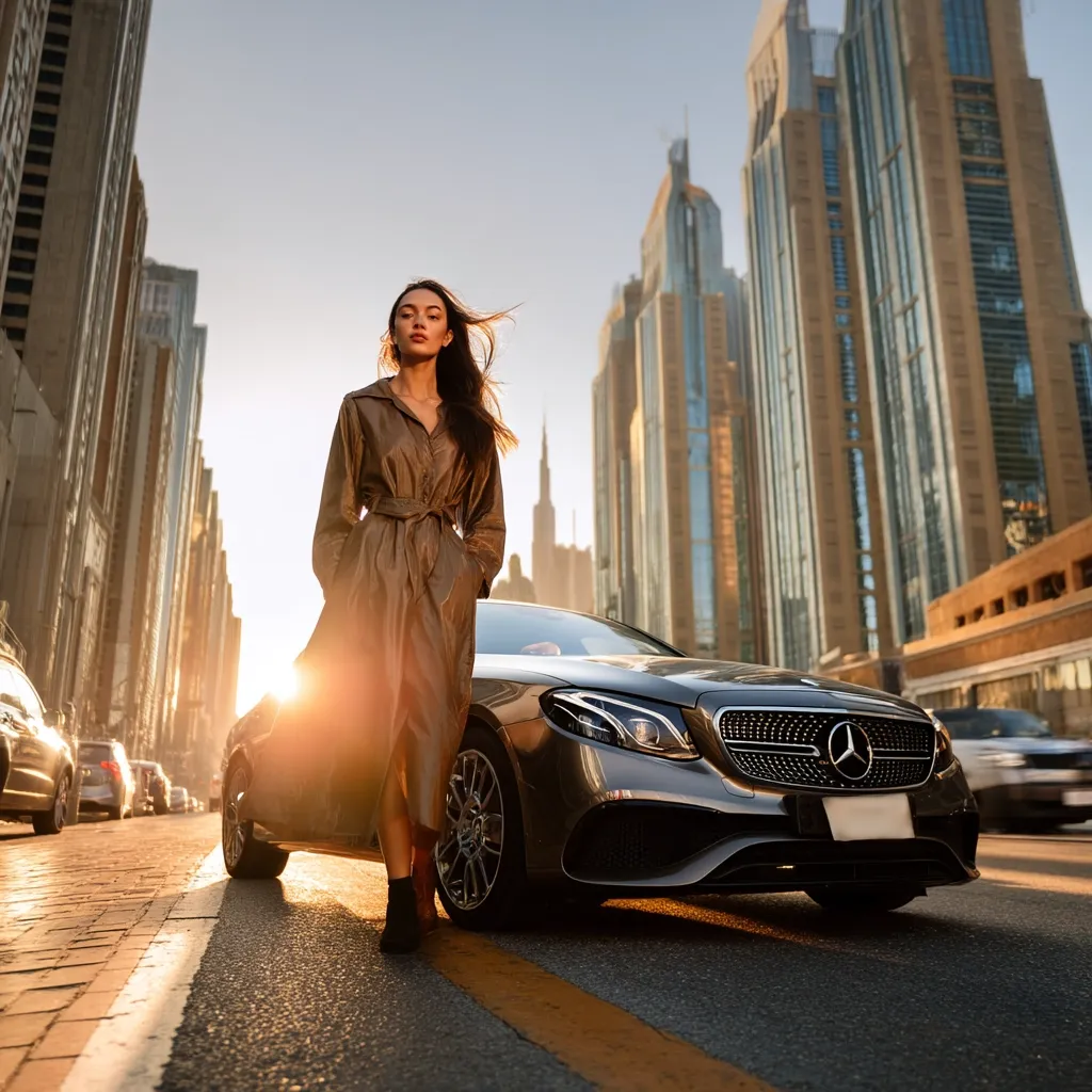 A stylish woman in a long brown coat stands confidently beside a sleek, dark-colored Mercedes-Benz sedan.  The setting sun casts a warm glow, illuminating the scene on a city street lined with modern skyscrapers. The image projects an aura of sophistication and success, showcasing both the vehicle and the model in a dynamic urban environment.