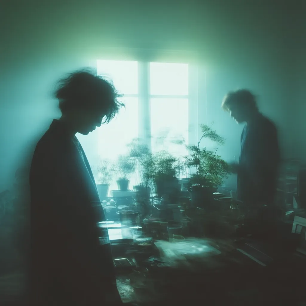 Two figures, shrouded in a hazy, teal-tinged light, stand in a room filled with potted plants.  One figure is sharply defined, head bowed, while the other is blurred and indistinct, possibly in motion. The setting appears dimly lit, creating a mysterious and atmospheric scene.  A large window provides a source of soft light, casting a spectral glow across the room. The overall mood is contemplative and somewhat melancholic.