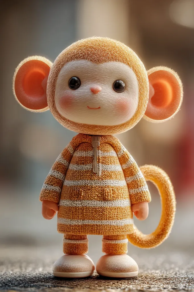 A charming 3D-rendered monkey toy stands in focus.  It's dressed in a cute, horizontally striped, mustard-yellow sweater and pants, with small white shoes. The monkey has large, expressive eyes, soft fur, and endearingly large ears. The overall style is soft and cuddly, evoking a feeling of warmth and playfulness.  The background is softly blurred, drawing attention to the delightful toy.