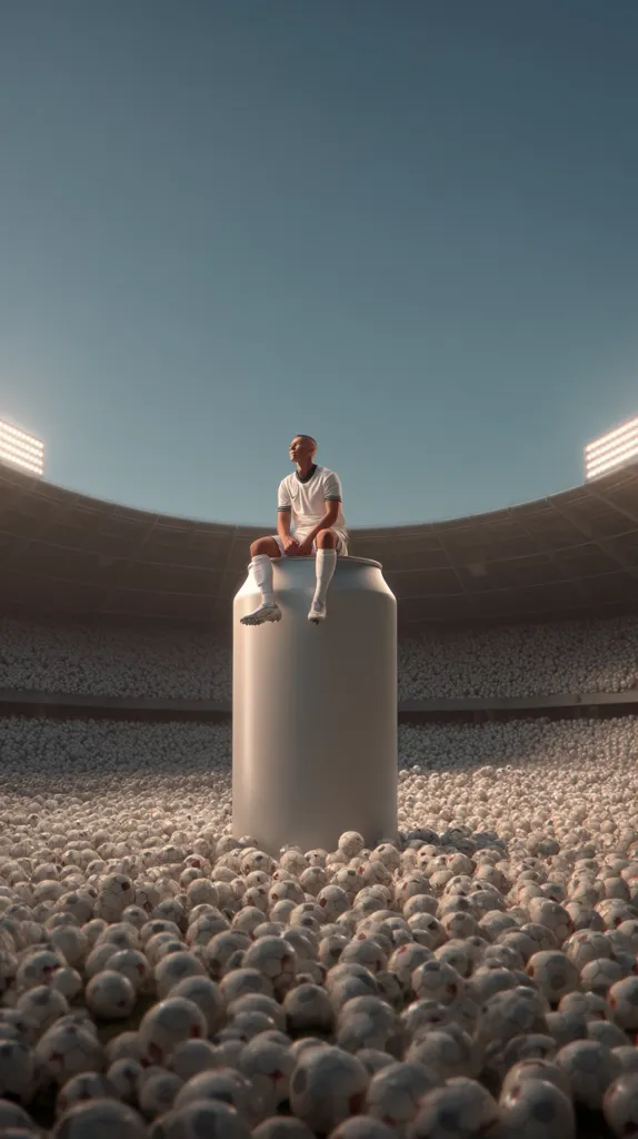A soccer player in a white uniform sits atop a giant aluminum can in the center of a massive stadium.  The stands are filled with countless miniature soccer balls, creating a surreal and visually striking scene under a clear sky. The player appears calm and contemplative, gazing upward. The overall image is a striking juxtaposition of scale and subject matter.