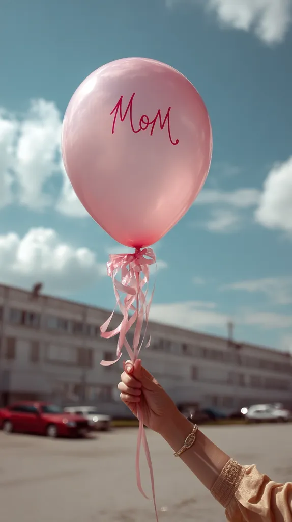 A hand holds a pale pink balloon against a partly cloudy blue sky.  The word "Mom" is written in pink script on the balloon.  Pink ribbons trail from the balloon's knot.  Blurred cars and a building are visible in the background. The overall mood is light and sentimental, suggestive of Mother's Day or a similar occasion.
