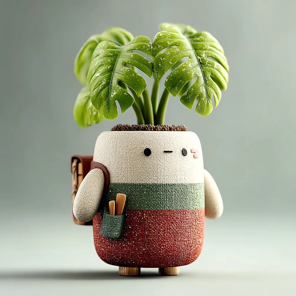 A charming 3D-rendered planter shaped like a cute robot.  The robot's body is textured like fabric, with sections of cream, green, and reddish-brown. It has a small backpack and carries chopsticks in a pocket. Atop the robot sits a vibrant, healthy-looking Monstera deliciosa plant, completing the whimsical design.  The overall style is minimalist and endearing.