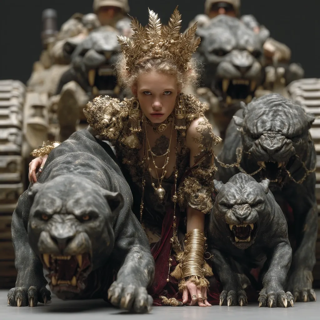 A woman adorned in a gold crown and elaborate jewelry sits amidst three snarling, dark-grey panther statues.  She's dressed in a textured gold and burgundy outfit, her expression serious.  The background features blurred soldiers and a large vehicle, suggesting a powerful, perhaps war-like, context. The overall image is dramatic and visually striking, hinting at themes of power and dominance.