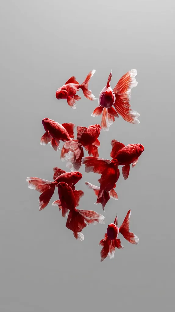 A group of vibrant red goldfish, seemingly suspended in mid-air against a muted gray background.  Their fins are elegantly spread, creating a visually striking and artistic composition. The image evokes a sense of calm and ethereal beauty, showcasing the fish's delicate features and rich coloration.  The contrast between the bright red and the subdued gray enhances the overall impact.