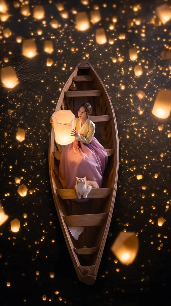 A woman in a traditional Korean Hanbok sits in a small wooden boat, holding a sky lantern.  Surrounding her are countless floating lanterns illuminating the dark water, creating a magical, ethereal atmosphere. A ginger cat sits calmly beside her. The scene is serene and peaceful, evoking a sense of wonder and tranquility.