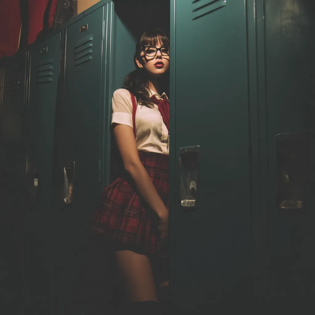 A young woman in a plaid skirt and white blouse stands partially hidden behind a school locker.  She wears glasses and has dark hair. The image is dimly lit, creating a moody atmosphere. The overall style evokes a sense of mystery and intrigue.  She appears to be a schoolgirl, possibly hiding or waiting.