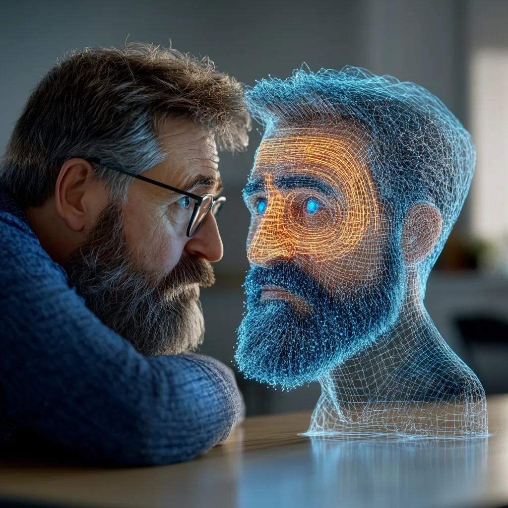 A bearded man with glasses intently observes a holographic, wireframe projection of a similar-looking man's head. The digital head glows with subtle orange and blue light, highlighting facial features.  The scene suggests a futuristic interaction between a person and a digital representation, possibly exploring themes of identity, technology, or virtual reality.