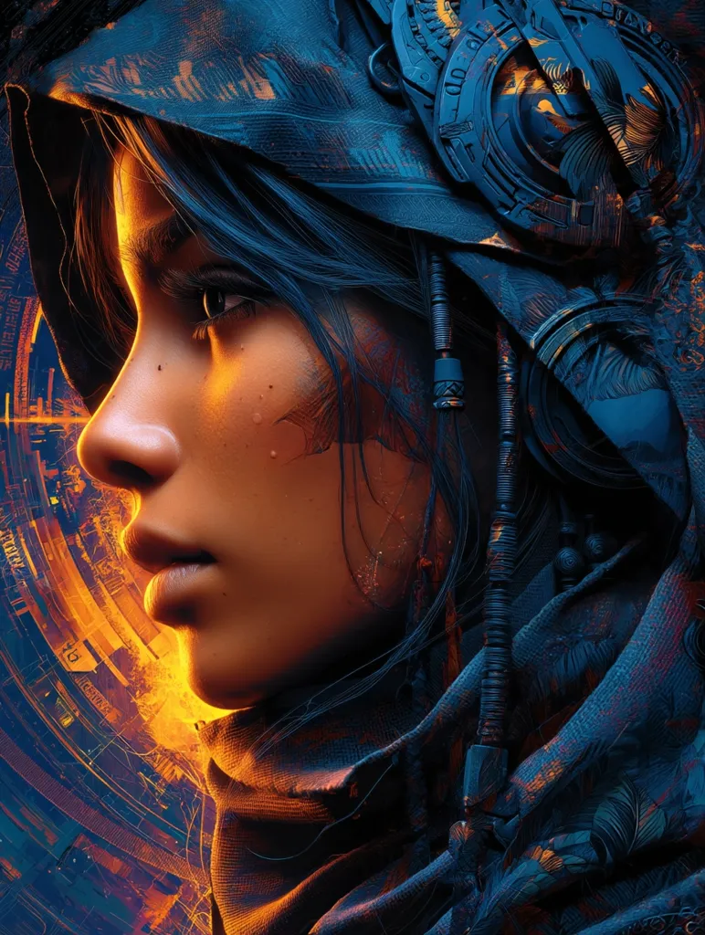 A digital painting of a young woman's profile.  She wears a dark blue, textured hooded garment with intricate mechanical details.  Warm, orange light illuminates her face, contrasting with the cool tones of her attire and the cyberpunk-esque background.  Her expression is serious and contemplative. The overall style is futuristic and stylized.