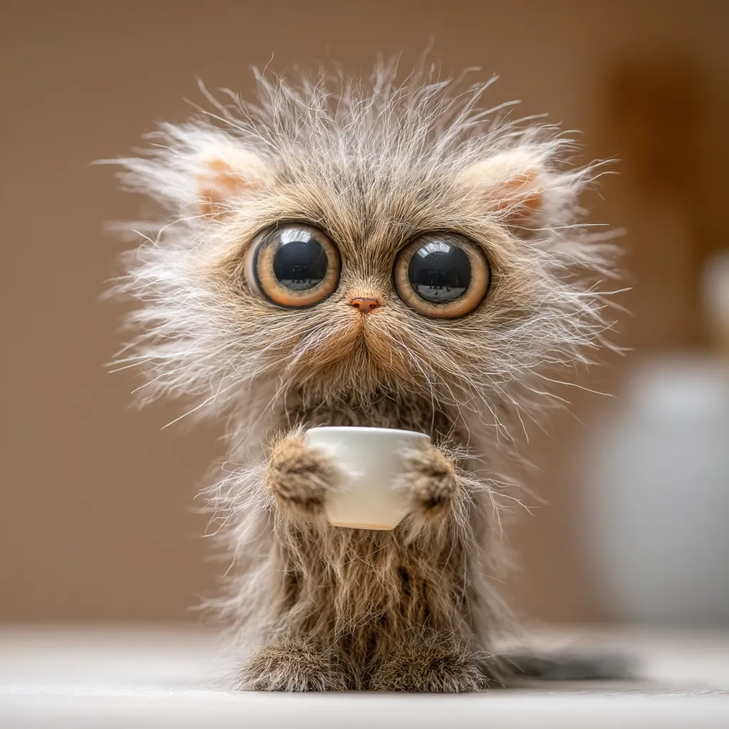 A fluffy, cartoonish kitten with oversized eyes holds a tiny white cup.  Its fur is exceptionally long and tousled, giving it a whimsical appearance. The kitten sits on a light surface against a blurred brown background, looking directly at the viewer with a slightly apprehensive expression.  The overall image is cute and slightly surreal.