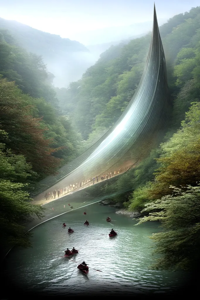 A futuristic, translucent bridge arches over a serene river nestled within a lush, green valley.  People stroll across the bridge, while kayakers navigate the calm waters below.  The towering structure contrasts sharply with the natural beauty of the surrounding misty forest, creating a breathtaking and surreal scene.  The image evokes a sense of tranquility and technological marvel coexisting in harmony with nature.