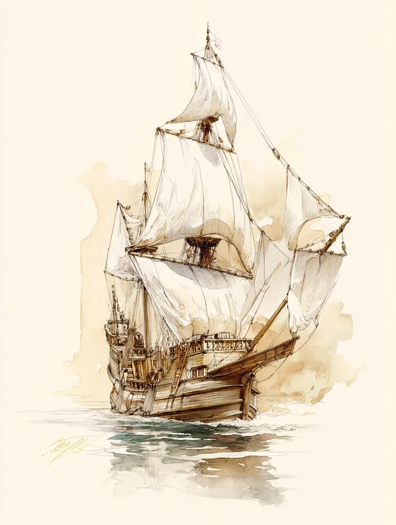 A detailed watercolor and ink drawing depicts a galleon sailing on calm waters.  The ship's sails are full, billowing in the gentle breeze.  The artist's meticulous rendering showcases the intricate details of the vessel, from the rigging to the wooden hull.  The warm sepia tones create a sense of age and history, evoking the spirit of exploration and adventure associated with these grand sailing ships. The background is a soft wash of beige and white, enhancing the ship's prominence.