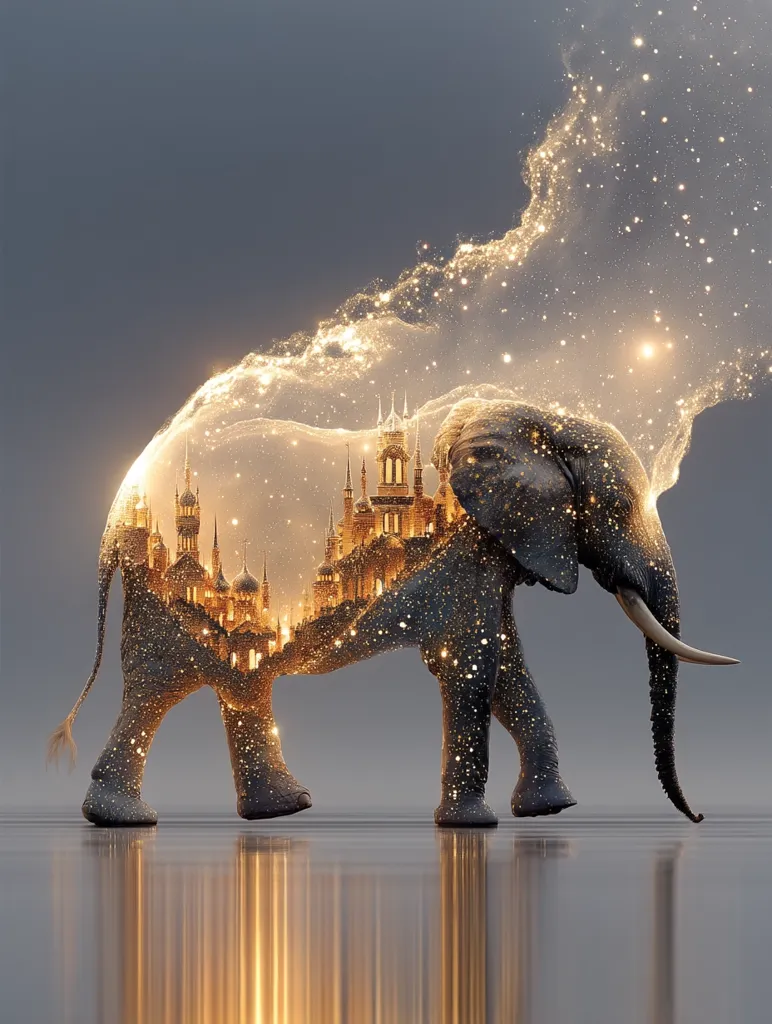 A majestic elephant strides across a reflective surface, its form interwoven with a glittering, golden city.  The cityscape, a fantastical blend of spires and minarets, appears to be encased within the elephant's silhouette, illuminated from within. A shimmering, ethereal trail of stardust follows the elephant, adding to the magical, dreamlike quality of the image.