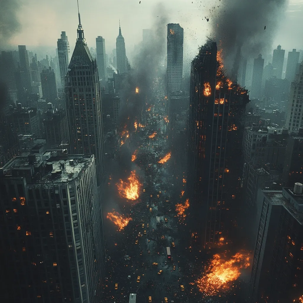 A city, possibly New York, is engulfed in flames and destruction.  Tall buildings are burning fiercely, with fires raging in the streets below. Debris litters the ground amidst a smoky, apocalyptic atmosphere.  The scene suggests a catastrophic event, leaving a trail of devastation through the urban landscape.  The image evokes feelings of chaos and despair.