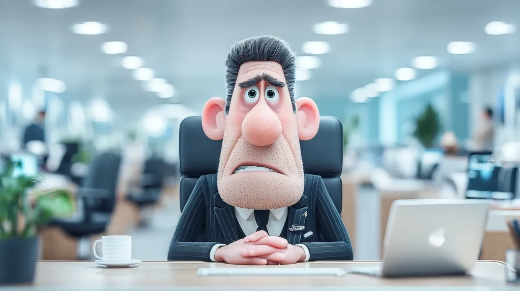 A cartoon depiction of a stressed businessman sits at his desk in a modern office.  He has exaggerated features, a large nose, and a worried expression.  His hands are clasped in front of him. A laptop and a coffee cup sit on the desk. The background is blurred, showing other office workers and cubicles. The overall tone is one of concern and workplace pressure.