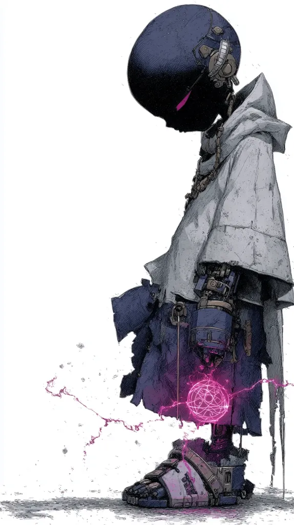 A grayscale illustration depicts a melancholic, robotic child-like figure.  The figure wears a tattered, grey robe and advanced mechanical limbs.  Its head is a dark, helmet-like dome.  A glowing pink orb of energy emanates from its foot, with thin pink energy trails extending from it. The overall style is reminiscent of manga or graphic novel art, conveying a sense of loneliness and futuristic decay.