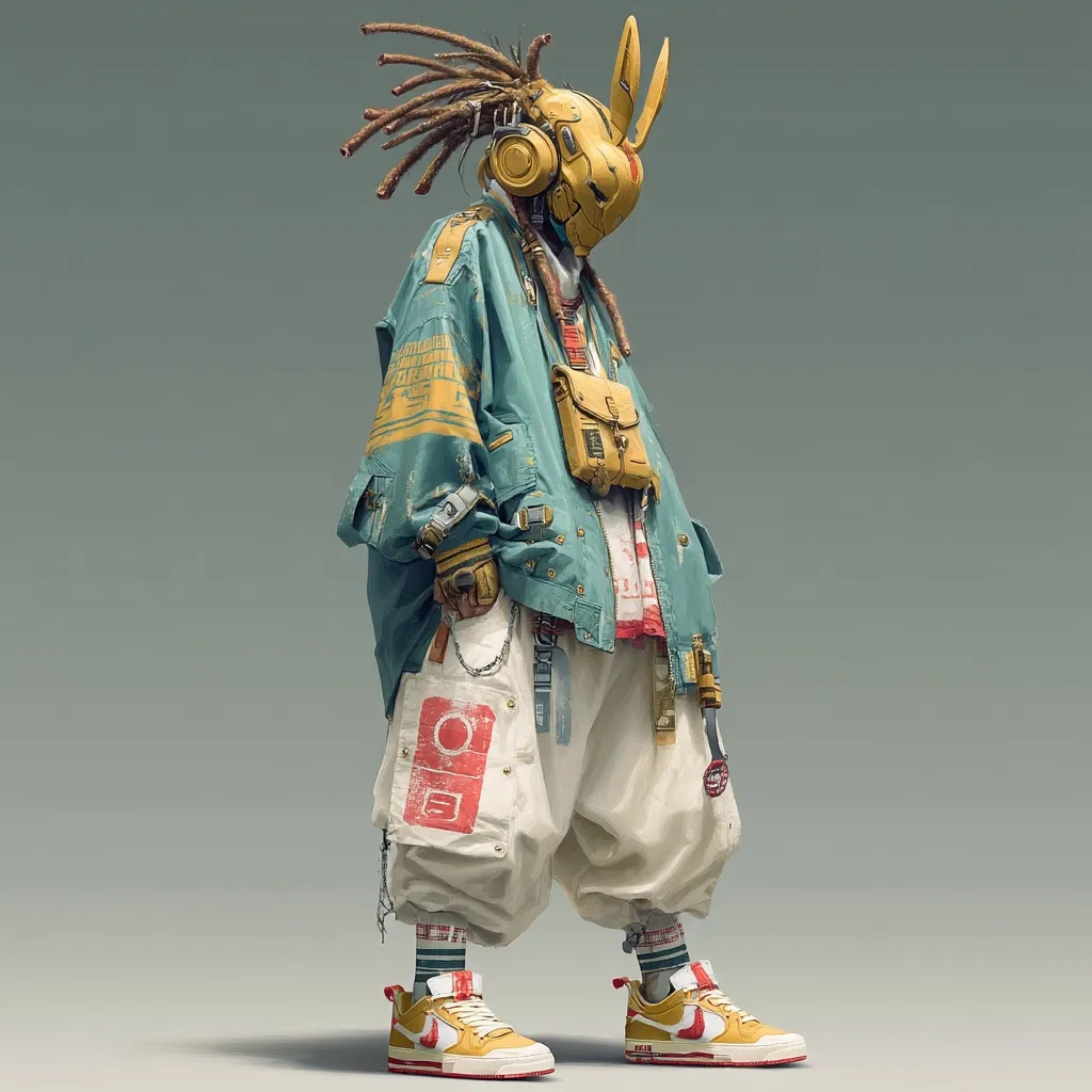 A digital rendering showcases a futuristic character.  The figure wears a teal jacket adorned with yellow patterns, loose off-white pants, and yellow and orange sneakers.  A distinctive rabbit-eared helmet and dreadlocks complete the ensemble.  The style blends cyberpunk aesthetics with streetwear elements, creating a unique and stylized visual.  The overall impression is one of urban fantasy and advanced technology.