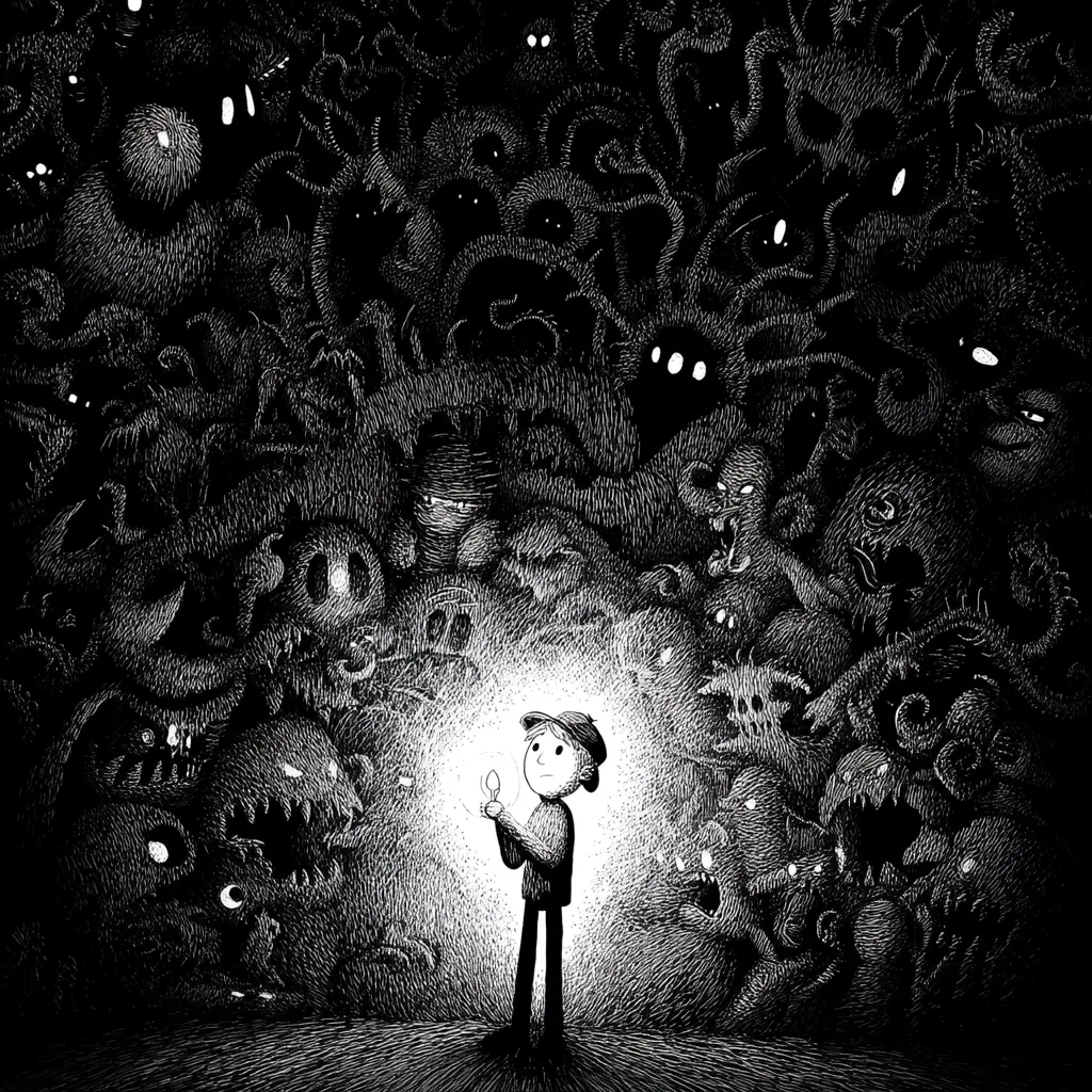 A black and white illustration depicts a lone child holding a small light source, bravely facing a multitude of menacing, shadowy creatures. The child stands defiantly in a circle of light, contrasting with the overwhelming darkness and grotesque figures surrounding them.  The image evokes a sense of confronting fear and inner turmoil, with the light symbolizing courage and resilience.