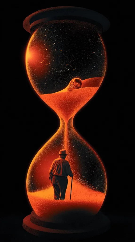 An hourglass filled with glowing orange sand dominates the image.  At the top, a fetal form is partially submerged, while at the bottom, an elderly man with a cane walks away.  The overall effect is one of time passing, possibly depicting the cycle of life and death, or a journey through time. The dark background enhances the vibrant, fiery hues of the sand.