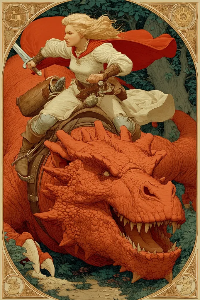 A blonde woman, clad in medieval-style armor and a flowing red cape, bravely rides a large, orange dragon through a verdant forest.  She grips a sword, her determined expression conveying courage and strength.  The dragon, with its menacing teeth and scales, appears to be her loyal steed. The scene is framed by an ornate border, adding to the fantasy artwork's majestic feel.
