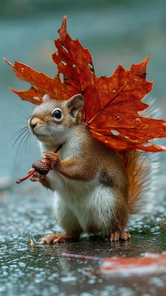 An adorable red squirrel stands on wet pavement, using a large, vibrant red autumn leaf as a makeshift umbrella.  The squirrel clutches an acorn, its tiny paws gripping the stem.  Rain droplets are visible on the ground, reflecting the surrounding environment. The scene is a charming depiction of autumn's beauty and a resourceful animal.