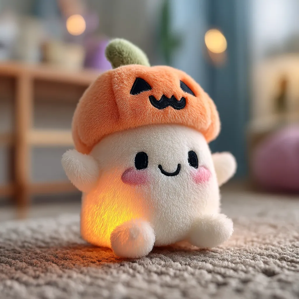 A small, plush toy resembling a ghost or marshmallow wears a miniature pumpkin hat.  Its face is simple and friendly, with rosy cheeks and a smiling mouth.  A soft, warm orange glow emanates from within the toy, creating a cozy and charming Halloween atmosphere.  The plush is sitting on a carpeted surface, with blurred background suggesting a home setting.
