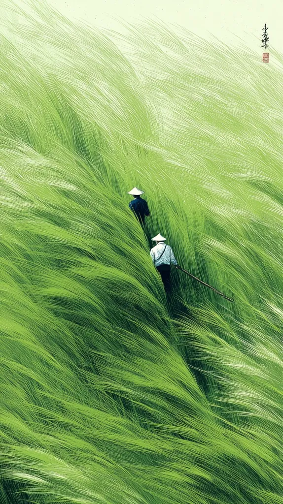 Two figures, wearing conical hats and long-sleeved clothing, walk through tall, vibrant green grass that sways gently in the wind.  The grass dominates the image, creating a textured and flowing landscape. The scene evokes a feeling of tranquility and serenity within a natural setting.  A subtle Asian-style stamp is visible in the upper right corner.