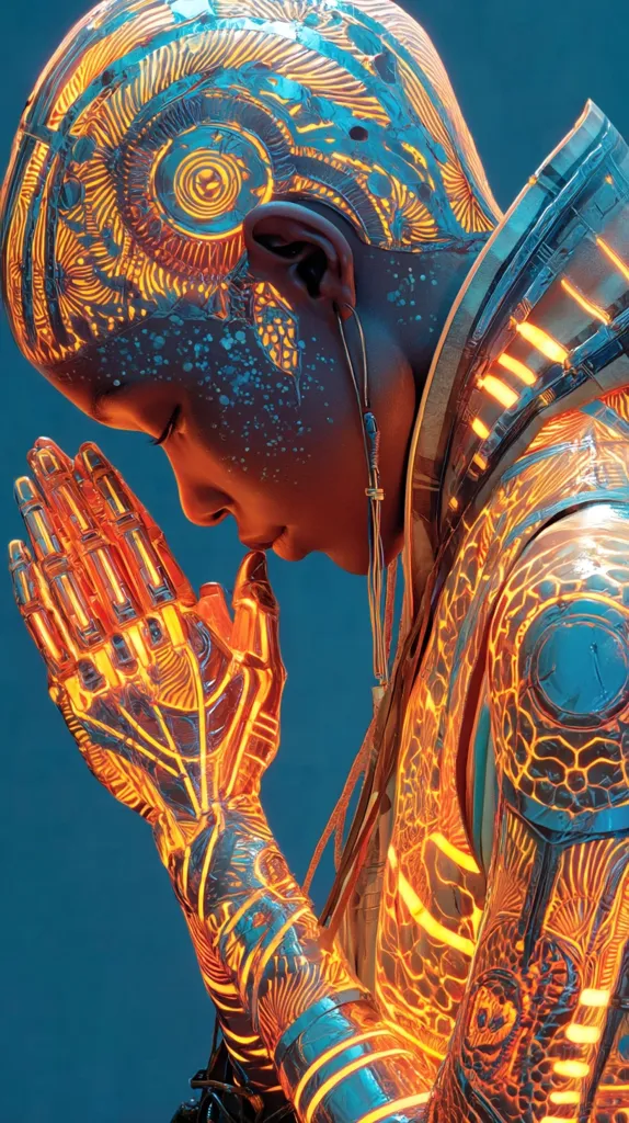 A digital artwork depicts a cyborg-like figure with intricate, glowing orange and blue patterns across their head and body.  Their hands are clasped in prayer, showcasing technological enhancements. The style is futuristic and blends organic and mechanical elements. The background is a deep teal, emphasizing the figure's vibrant design.  The overall impression is one of reverence or contemplation.