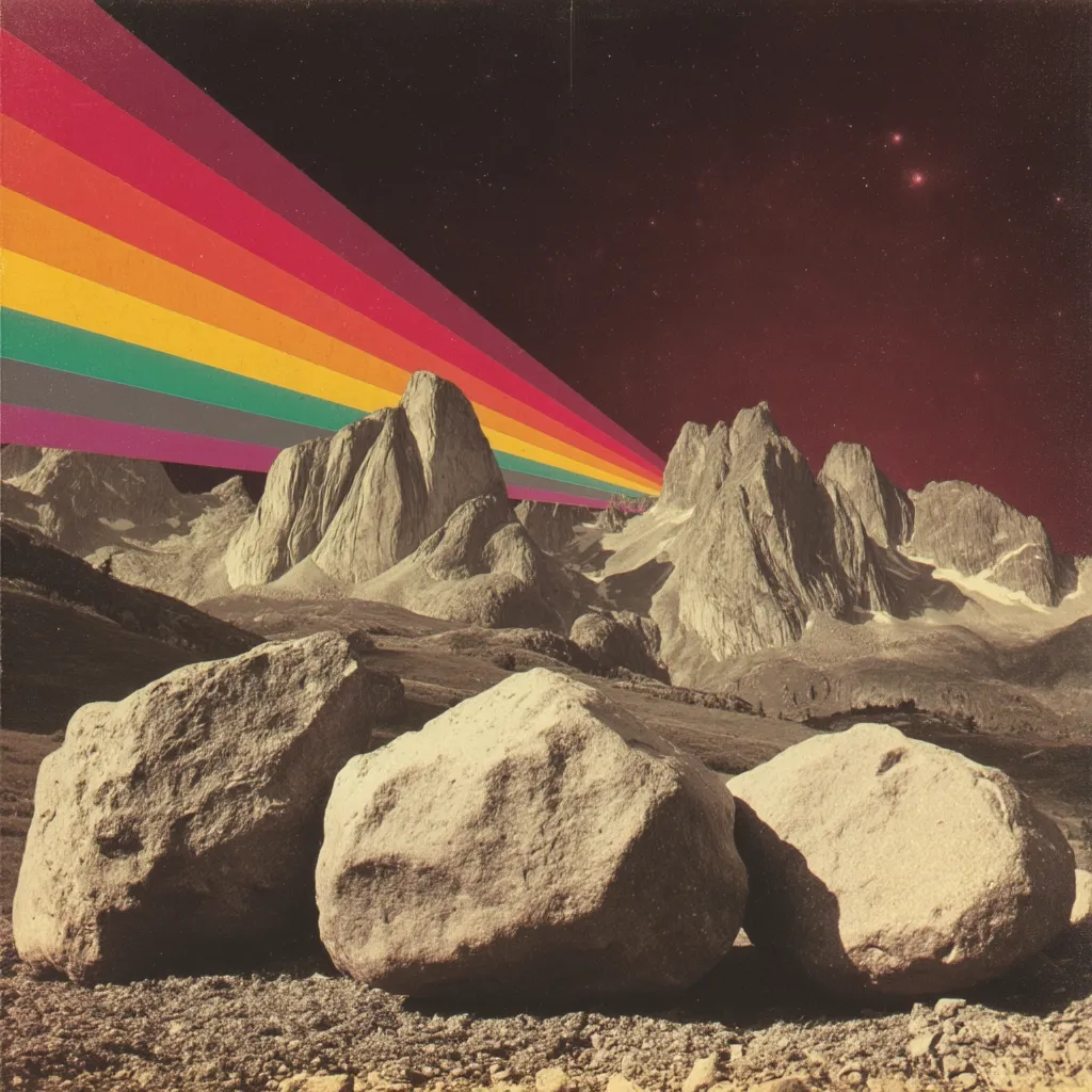 A surreal landscape collage features a vibrant rainbow beam emanating from a dark, starry sky.  Rugged, grey mountains dominate the foreground, their peaks sharply defined against the deep red backdrop.  Three large, light brown boulders rest in the valley, providing a sense of scale and grounding the fantastical scene.  The overall aesthetic is a blend of retro and otherworldly.