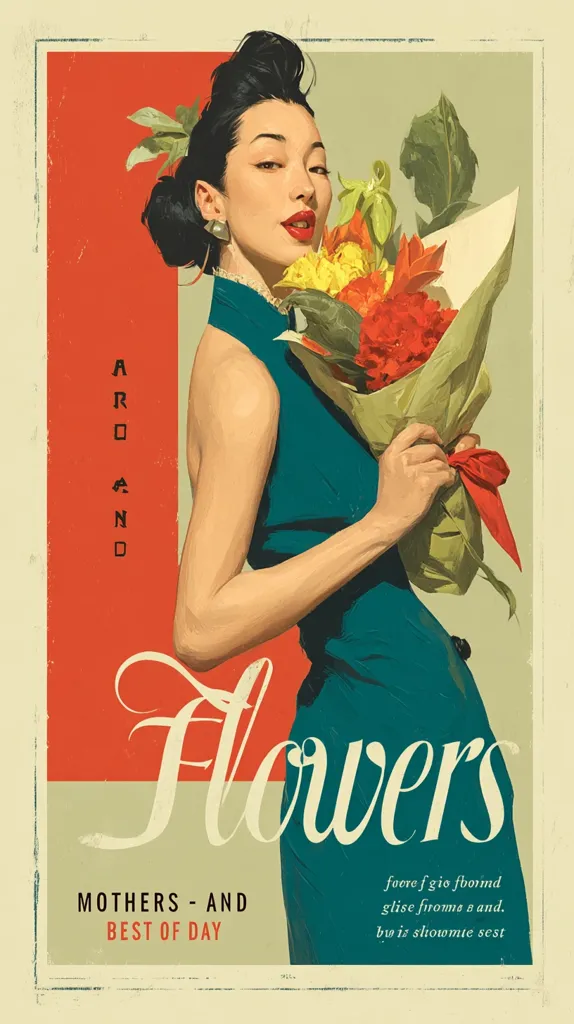 A vintage-style poster features a woman in a teal dress, holding a vibrant bouquet of flowers.  The art is reminiscent of mid-century advertising, with a bold color palette and stylized lettering. The text includes "Flowers," "Mothers - and Best of Day," and an indecipherable phrase at the bottom. The overall mood is one of nostalgic elegance and feminine charm.