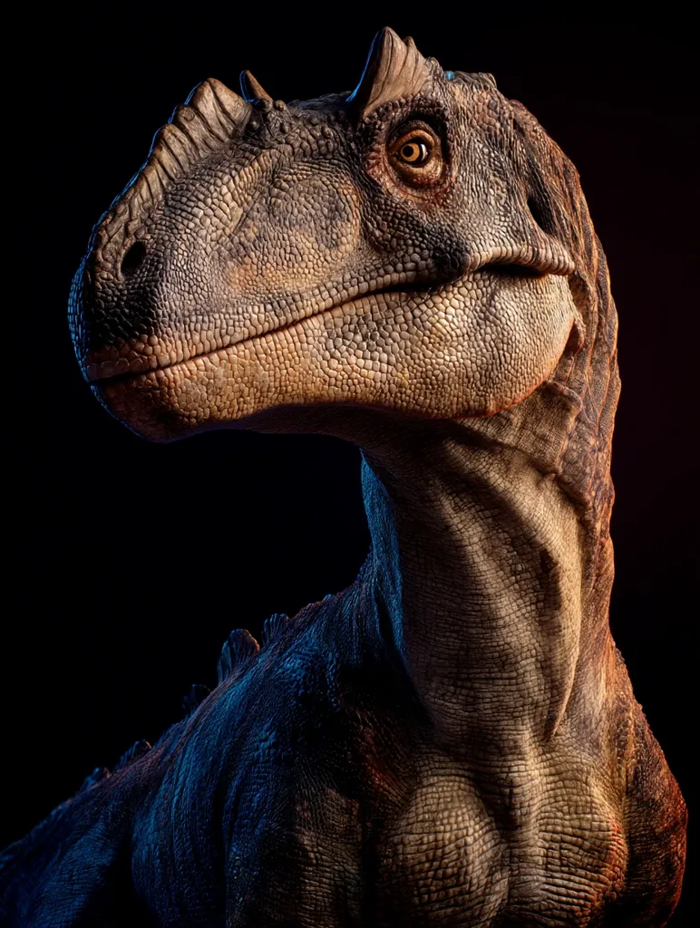 A detailed close-up reveals a meticulously crafted model of a Ceratosaurus, a theropod dinosaur. The model showcases realistic texturing, highlighting the dinosaur's scales and musculature.  Its head is turned, offering a three-quarter profile view, emphasizing its prominent horns and keen gaze. The dark background provides dramatic contrast, focusing attention on the dinosaur's intricate details.