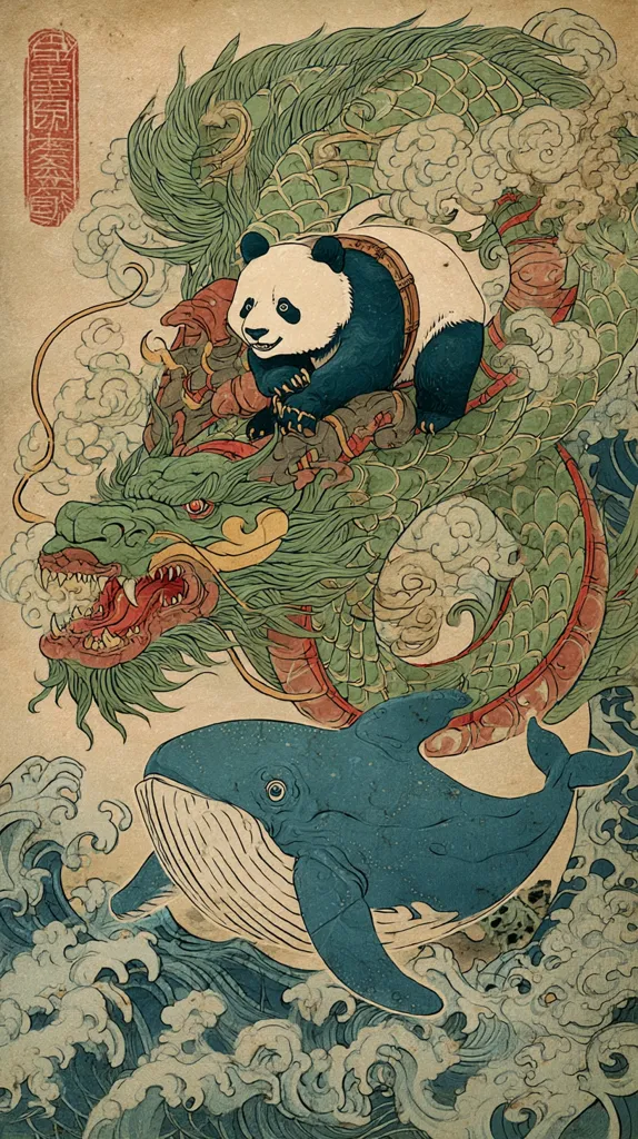 A stylized illustration depicts a panda riding a vibrant green dragon soaring above a whale breaching turbulent ocean waves.  The artwork is rendered in a vintage, ukiyo-e-inspired style with detailed linework and muted color tones.  The scene is fantastical, blending Eastern mythological creatures with a sense of peaceful power.  A seal in the upper left corner adds to the artistic authenticity.