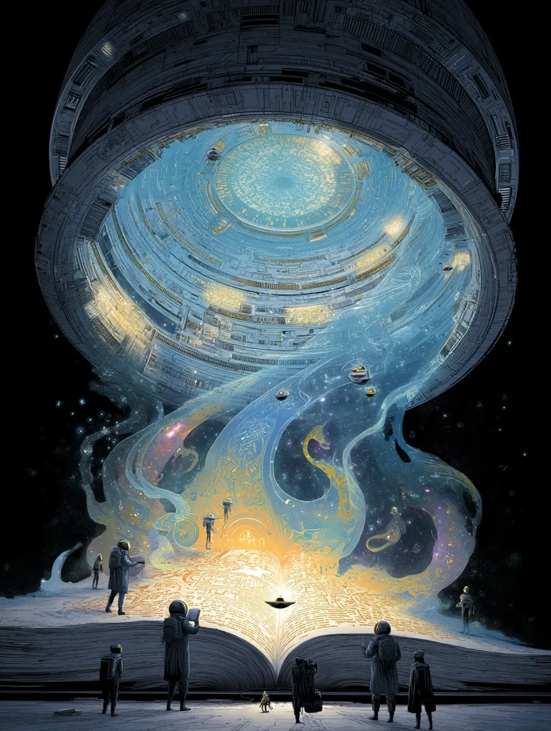 A colossal, futuristic vessel hovers above a giant open book, its interior a swirling nebula of light and cosmic energy flowing into the book's pages.  Figures in space suits stand around the book, dwarfed by its scale and the ethereal spectacle. The scene evokes a sense of wonder and the boundless knowledge contained within the universe.